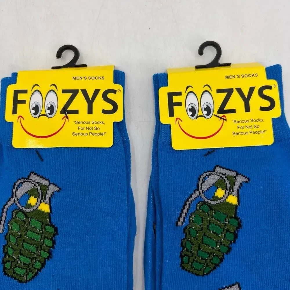 Foozys Socks Mens 6-12 Black Blue Crew Novelty Military Hand Grenade 4 Pairs